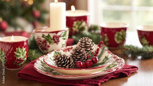 Wallpaper Mural A festive dining table with a holiday theme, featuring red and green decorations, candles, and a centerpiece of pine cones. Torontodigital.ca