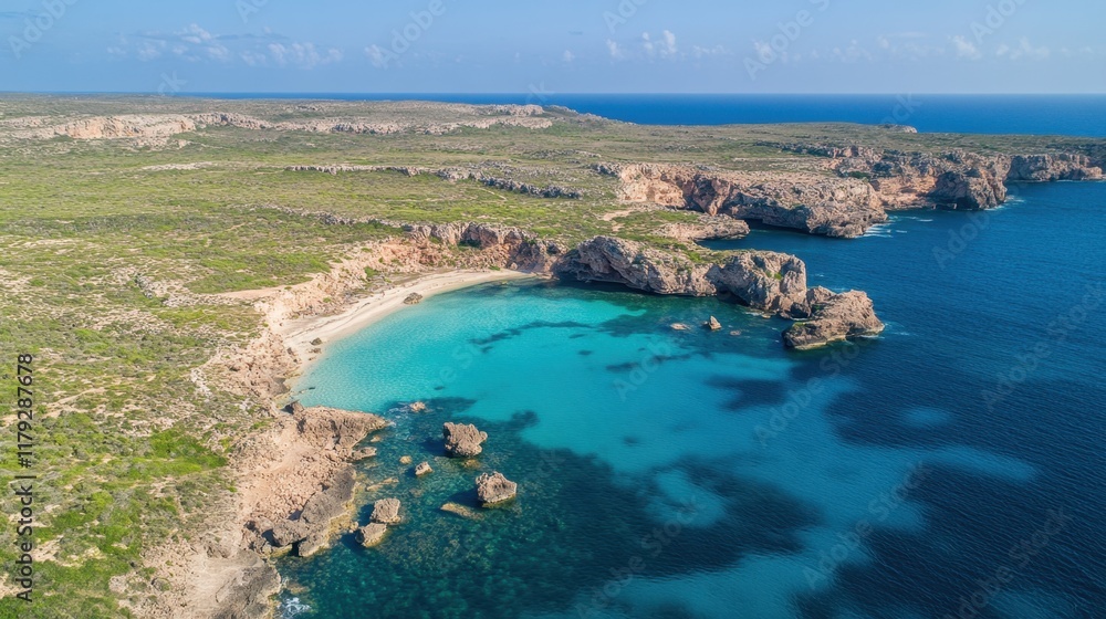 Fototapeta premium Serene Aerial View of Idyllic Coastal Beach with Clear Water
