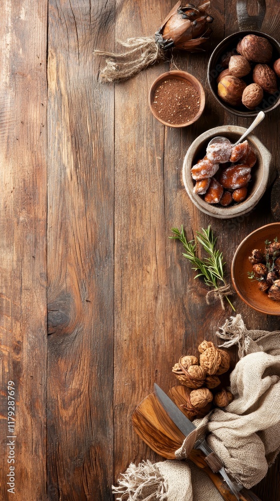 Rustic Wooden Background with Nuts Spices Pastry and Herbs