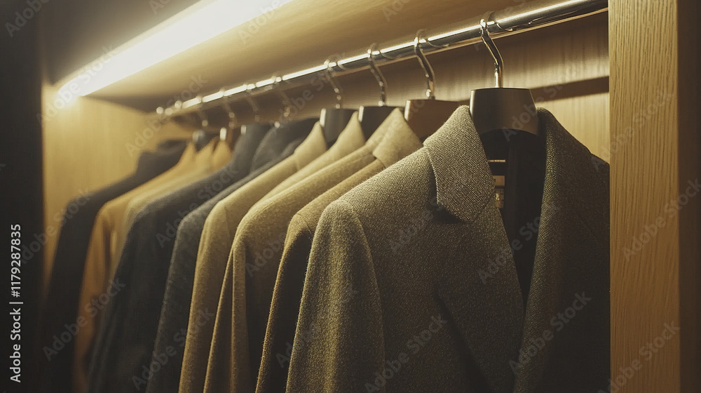 Obraz premium Coats neatly arranged in minimal closet with muted tones