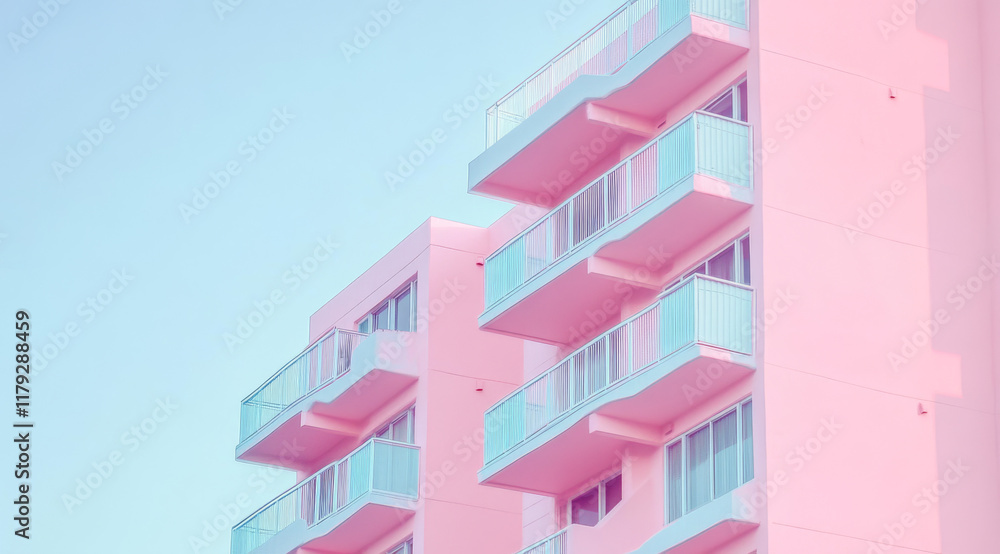 A colorful apartment building features multiple pastel balconies that blend with a clear blue sky. The cheerful atmosphere radiates in this lively urban landscape filled with modern architecture A colorful apartment building features multiple pastel balconies that blend with a clear blue sky. The cheerful atmosphere radiates in this lively urban landscape filled with modern architecture