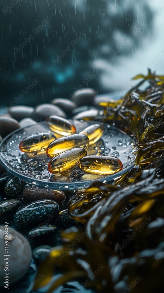 Golden capsules rest on a bed of seaweed surrounded by glistening pebbles in the rain Golden capsules rest on a bed of seaweed surrounded by glistening pebbles in the rain