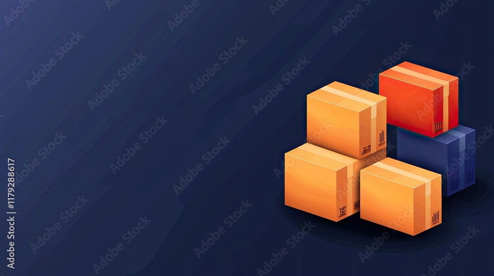 Fototapeta premium A collection of colorful delivery boxes stacked against a dark background, representing shipping, logistics, and packaging.