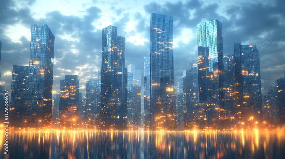 Fototapeta premium Urban skyline reflecting in water during twilight with illuminated buildings and clouds. Generative AI