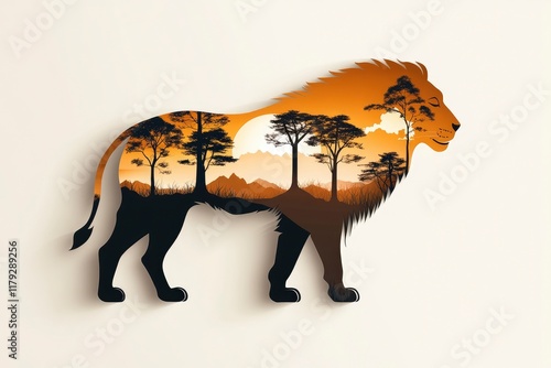 World Lion Day concept. The theme of environmental protection with the words Save the planet. Abstract poster in the form of a Lion with silhouettes of trees. World Wildlife Concept  photo