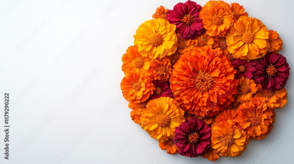 Marigold flowers garland. Traditional composition for Indian Diwali or Mexican Day of Dead. Banner with place for text. Isolated floral design