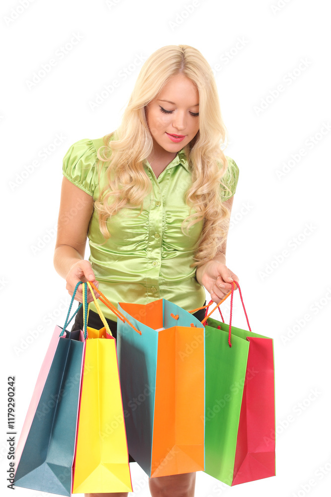 Portrait of young happy smiling woman with shopping bags Portrait of young happy smiling woman with shopping bags