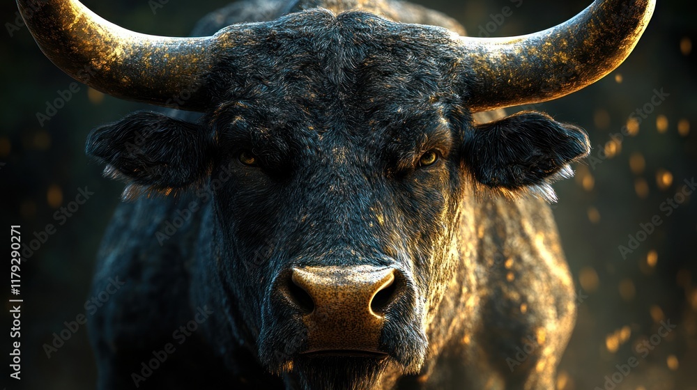 Powerful black bull stands aggressively in a dusty arena during sunset, showcasing strength and presence. Generative AI Powerful black bull stands aggressively in a dusty arena during sunset, showcasing strength and presence. Generative AI
