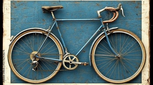 Vintage blue bicycle with tan tires, displayed against a rustic blue metal background. photo