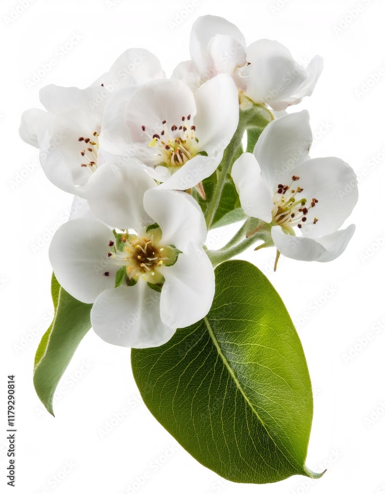 Fototapeta premium White pear blossom branch displaying delicate flowers, verdant leaves against pristine backdrop, highlighting seasonal botanical elegance