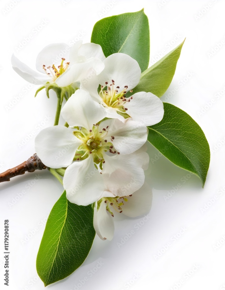 Obraz premium Delicate white pear blossoms blooming with soft green leaves, highlighting spring's gentle beauty on pristine background
