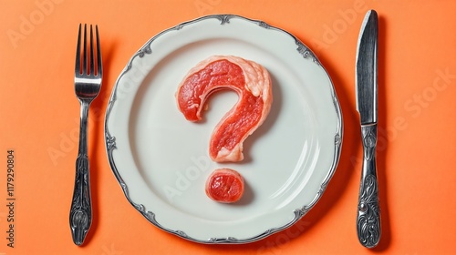 Raw meat shaped like question mark lies on plate with fork and knife on orange background