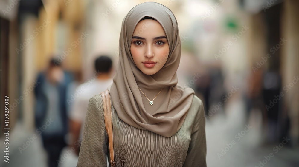 Young woman wearing a hijab walks through a busy street in a historic city during the daytime. Generative AI Young woman wearing a hijab walks through a busy street in a historic city during the daytime. Generative AI