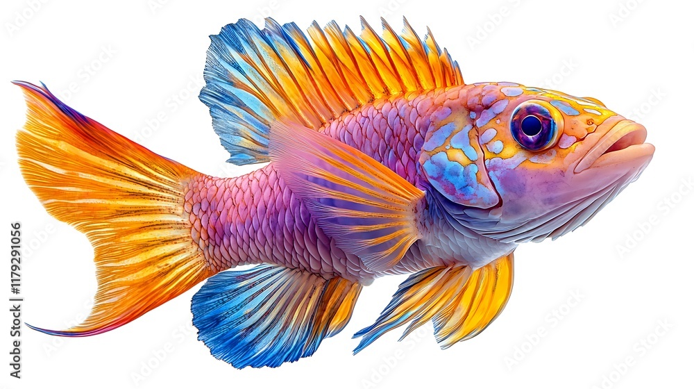 Vibrant orange, purple, and blue tropical fish isolated on white background. Vibrant orange, purple, and blue tropical fish isolated on white background.