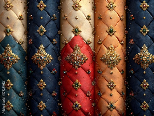 Luxurious Zardozi Inspired Golden Embroidery Patterns on Rich Jewel Tone Backgrounds photo