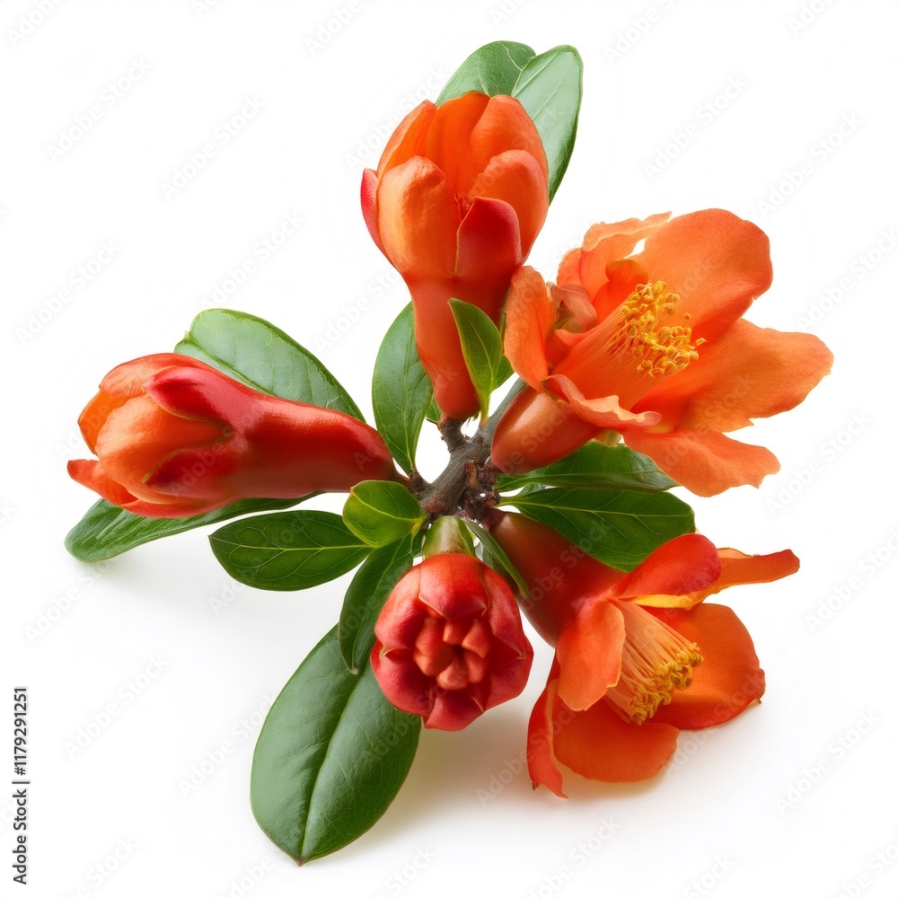 Naklejka premium Pomegranate branch displaying bright orange blossoms, verdant leaves contrasting against pristine white surface