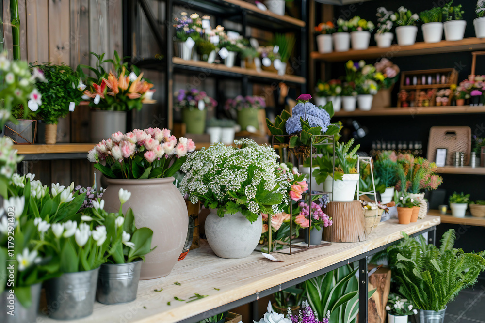 Fototapeta premium Generative AI Florist in Flower Store Surrounded by Blooms Bouquets Holiday gifts