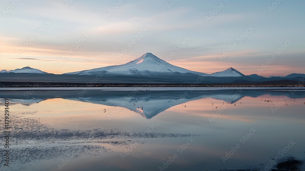 A serene mountain landscape reflecting in calm waters during sunset. A serene mountain landscape reflecting in calm waters during sunset.