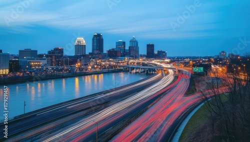 The vibrant motion blur of vehicles rushing through a bustling urban highway during evening rush hour, set against the glowing city skyline illuminated by twilight hues and shimmering See Less photo