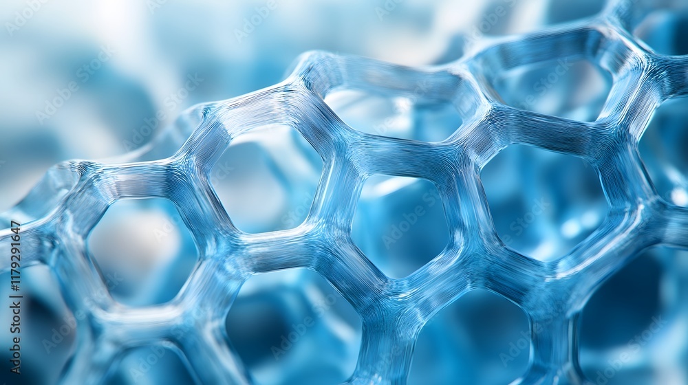 Translucent blue cellular pattern displays organic honeycomb texture with crystalline structure, glass-like surface, ethereal backlighting, and delicate geometric patterns in scientific style. Translucent blue cellular pattern displays organic honeycomb texture with crystalline structure, glass-like surface, ethereal backlighting, and delicate geometric patterns in scientific style.