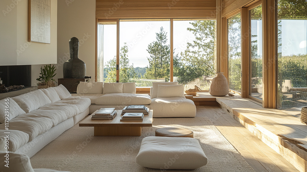 Bright minimalist living room with large windows and neutral decor Bright minimalist living room with large windows and neutral decor