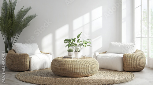 Minimalist living room with wicker furniture and green plants