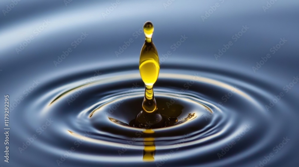 Golden droplet falling into dark blue water, creating concentric ripples. Golden droplet falling into dark blue water, creating concentric ripples.