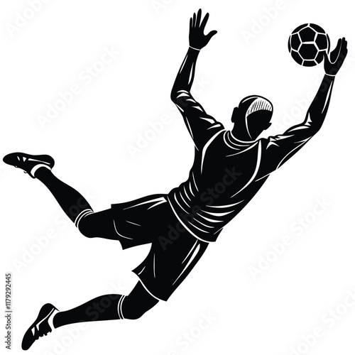 A silhouette soccer goalkeeper arms outstretched