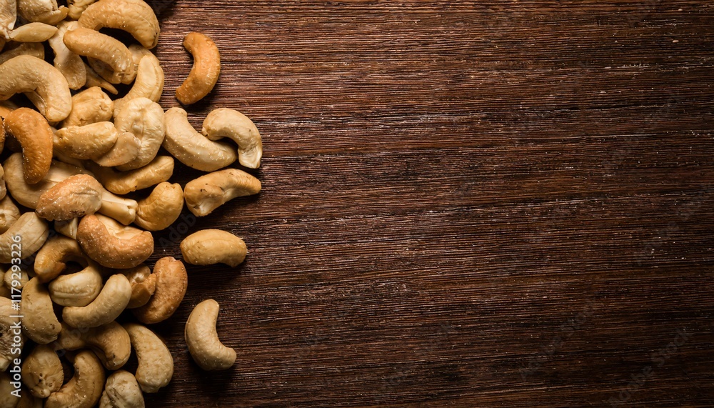top-down view of roasted cashew nuts on rustic wooden background with ample negative space for text, natural healthy snack and food photography for stock
top-down view of roasted cashew nuts on rustic wooden background with ample negative space for text, natural healthy snack and food photography for stock
