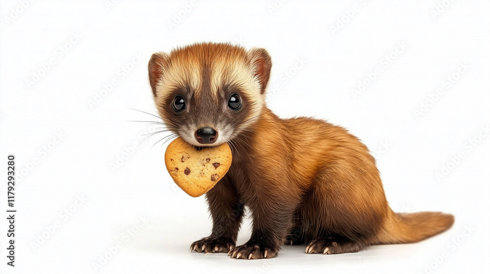 A ferret holding a small heart-shaped cookie in its mouth A ferret holding a small heart-shaped cookie in its mouth