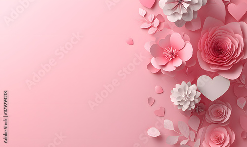 Beautiful Valentine's Day Background with Pink Love Heart. Paper Cut Flowers