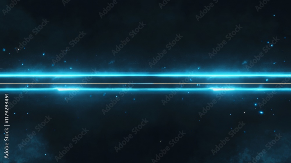 Obraz premium Horizontal neon light beams, blue speed lines, and sparks. 