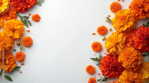 Marigold flowers garland. Traditional composition for Indian Diwali or Mexican Day of Dead. Banner with place for text. Isolated floral design photo