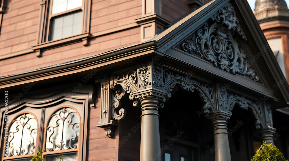 Obraz premium Ornate Porch Details of a Brown Wooden House