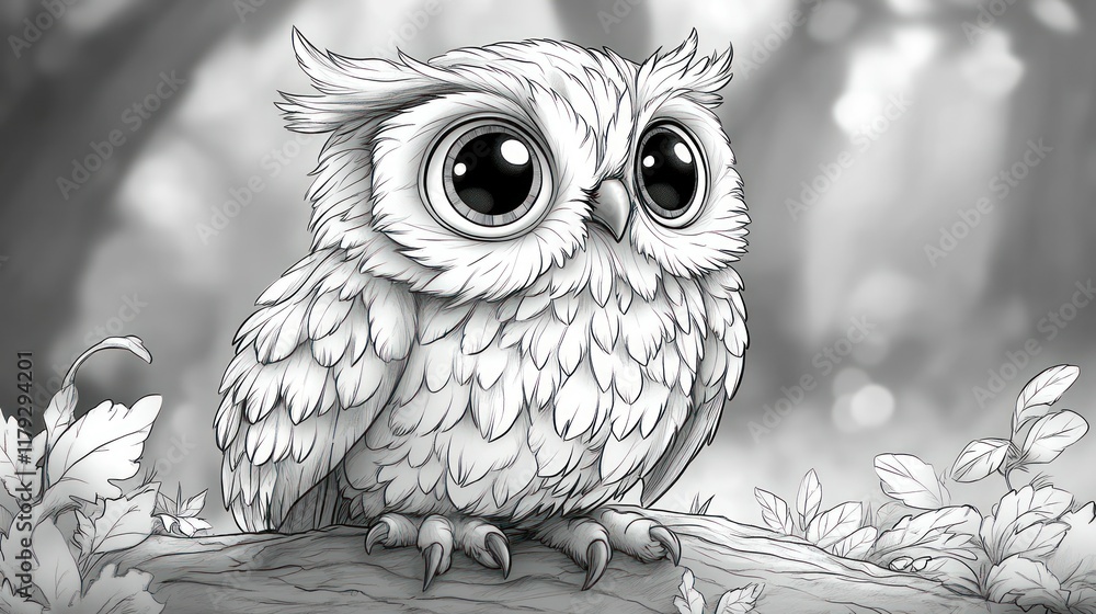 Fototapeta premium Adorable baby owl perched on branch, grayscale illustration.