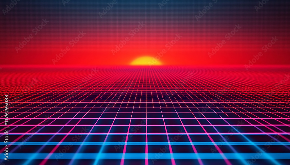 Red neon grid background with blue horizon and retro grain effect of rising red sun
Red neon grid background with blue horizon and retro grain effect of rising red sun