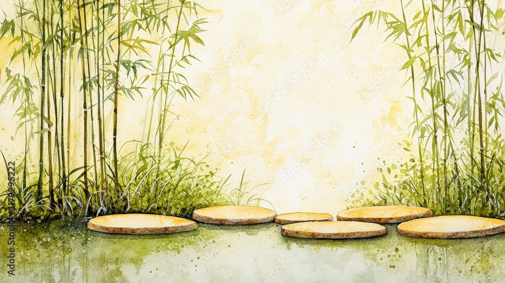 Obraz premium Tranquil Bamboo Garden with Water Reflection and Stones Under Gentle Sunlight for Relaxation and Peace