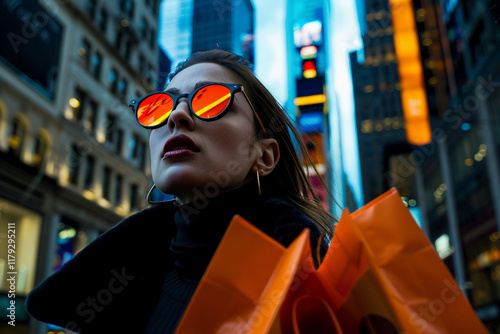 A woman enjoys shopping in a vibrant urban street during daytime generative AI photo