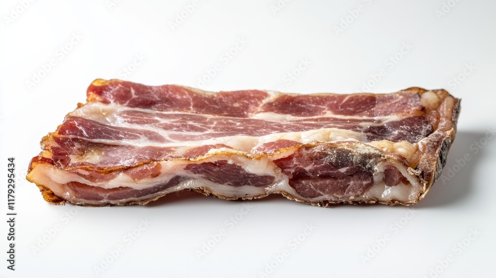 Slice of crispy bacon, perfectly cooked and isolated on a white backdrop Slice of crispy bacon, perfectly cooked and isolated on a white backdrop