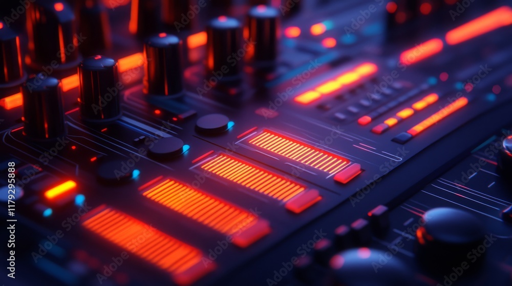 Obraz premium Neon audio equalizers and radial sound waves.