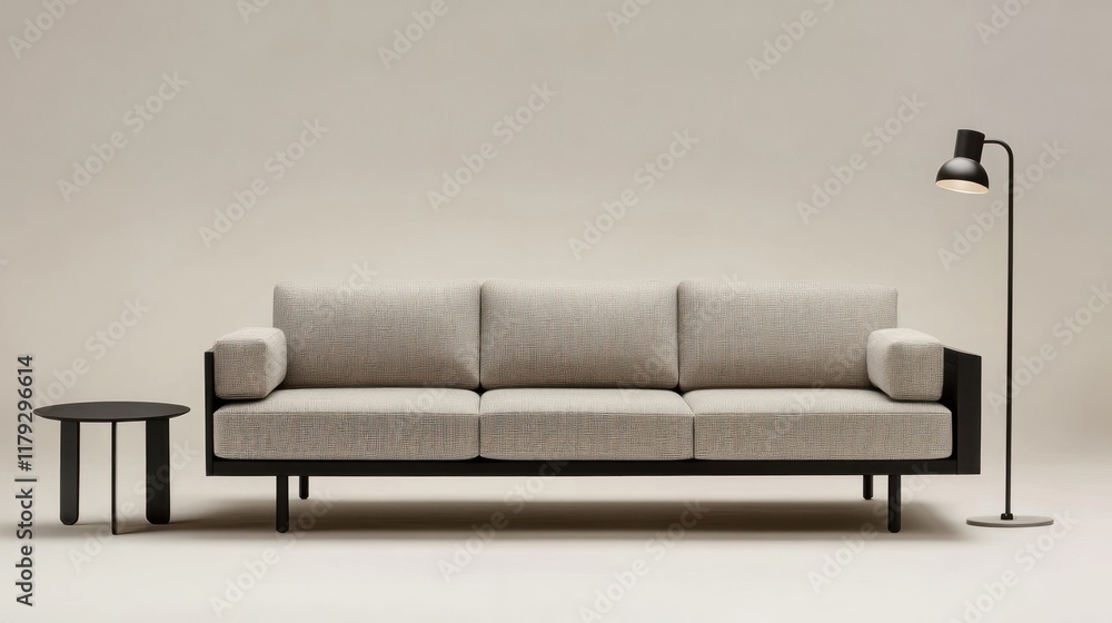 Modern sofa with side table and floor lamp. Modern sofa with side table and floor lamp.