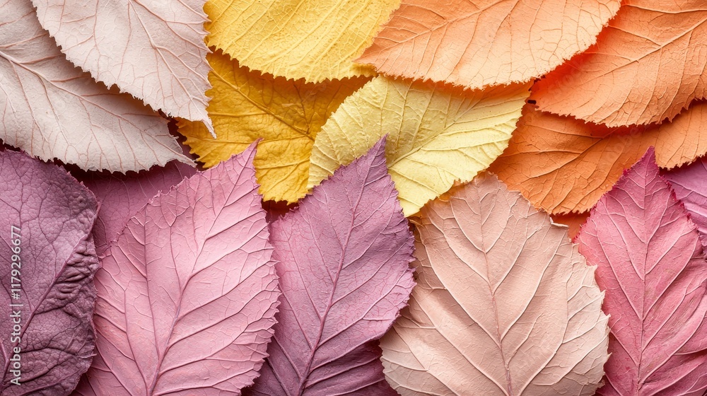 Fototapeta premium Autumnal Leaves Collection Pastel Pink Orange Yellow Dried Leafs Background Texture