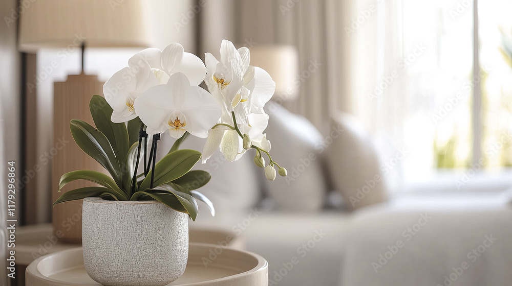White orchids in modern hotel suite create serene atmosphere