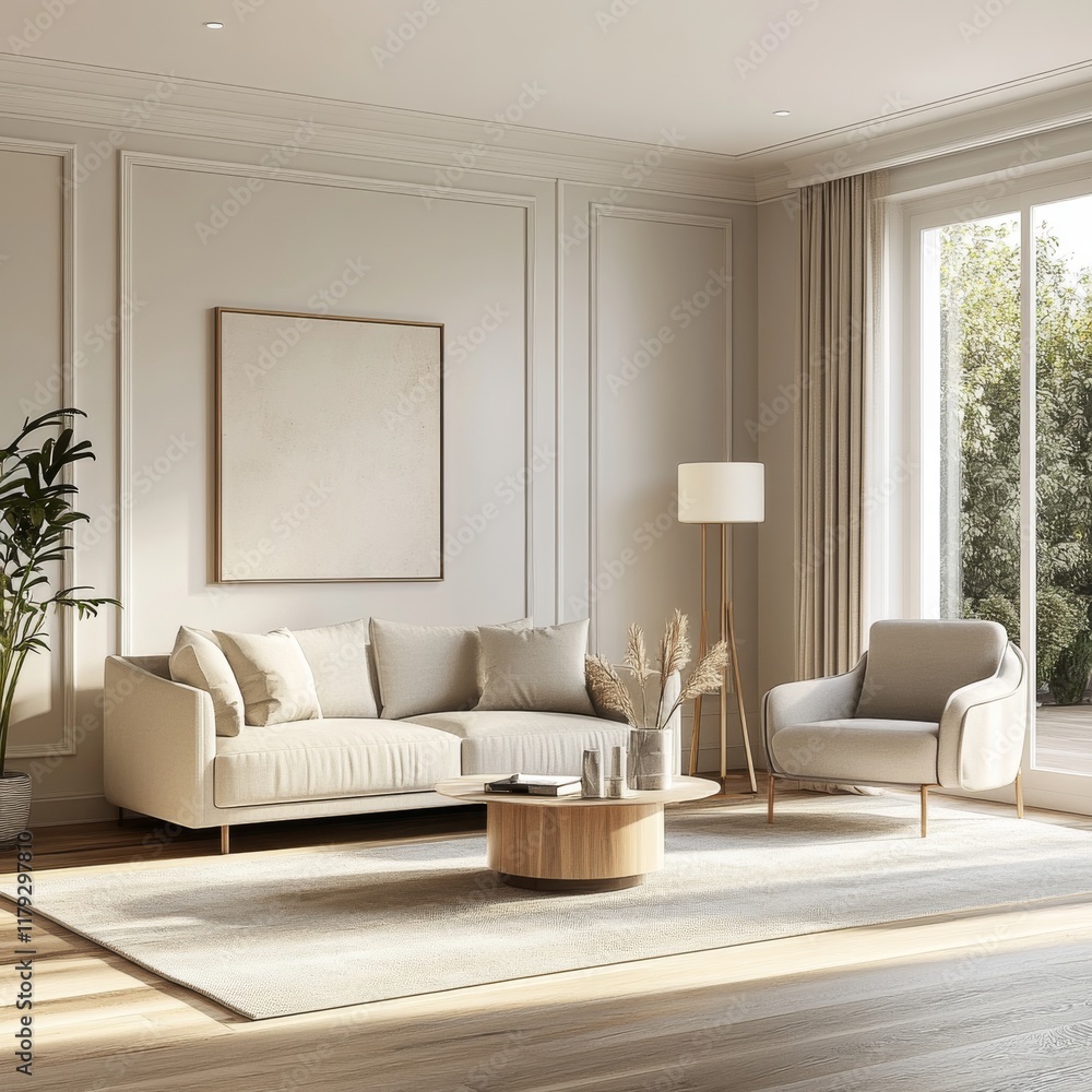 Fototapeta premium A beige bright living room.