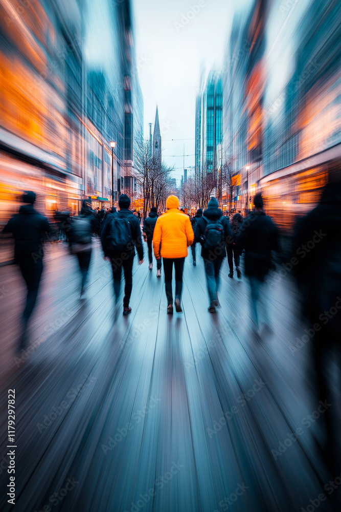 Fototapeta premium Tourists walking on a busy shopping street at dusk with motion blur effect. Commercial photography - live vibrant urban scene with walking people and modern architecture