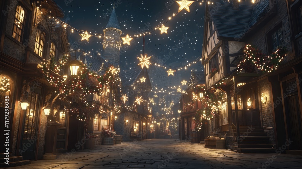 A quaint urban street illuminated by soft lanterns and overhead stars. A quaint urban street illuminated by soft lanterns and overhead stars.