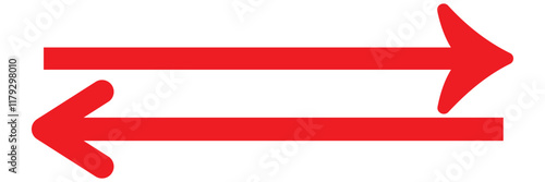 Left arrow icon. Red arrow to the left / vector, isolated on white background. Red large forward or left pointing solid long arrow icon sketched as vector symbol
