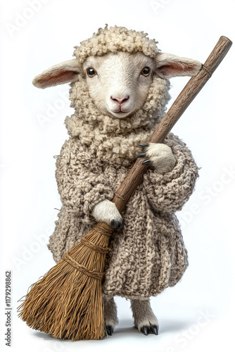 Animal with broom, A high-fidelity, photorealistic image of a sheep holding a book, showcasing exceptional detail and vibrant colors ideal for commercial use. photo