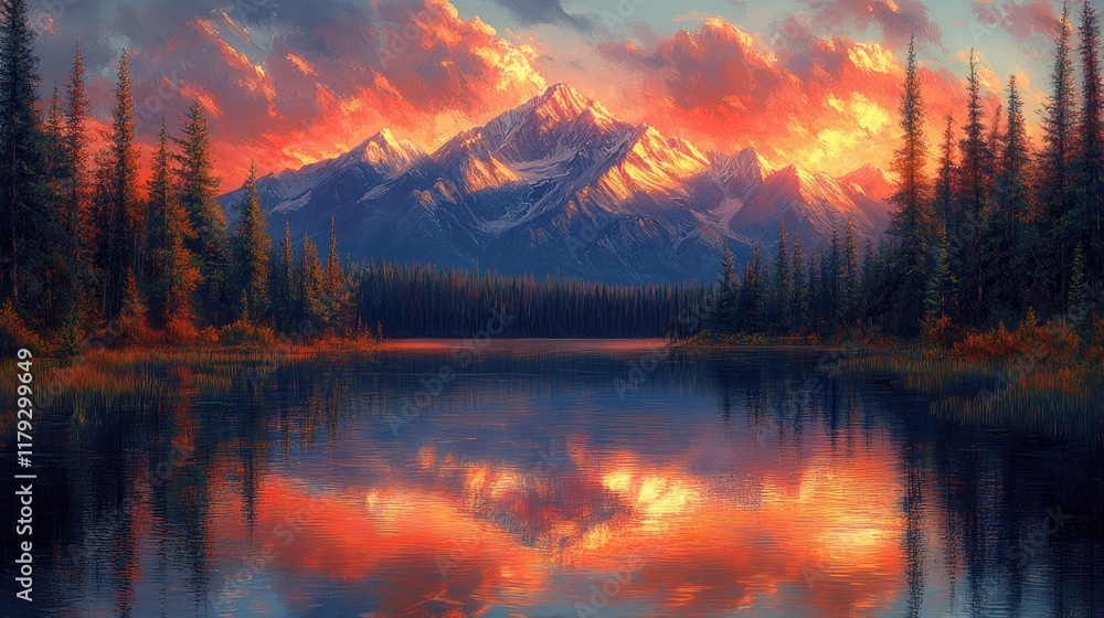 Fototapeta premium A serene mountain landscape at sunset, reflecting vibrant colors in a tranquil lake.