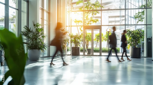 Blurred background of people walking in a modern, eco-friendly office space with natural light and greenery – highlighting sustainability, innovation and a responsible work environment.